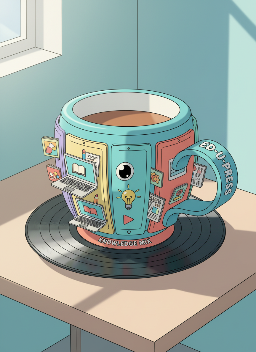 A whimsical digital-art scene of an oversized, pastel-colored teacup shaped like a friendly library, its rounded walls made of stacked tablets and laptops instead of bricks. Colorful app icons and tiny illustrated newsletters peek from the seams like books on shelves. The teacup-library sits on a circular, glossy saucer that resembles a vinyl record, on a bright, simplified desk surface. Soft, diffused daylight from an unseen window creates gentle highlights and rounded shadows. The mood is playful and energetic, with saturated turquoise, coral, and lemon-yellow tones. Shot from a slightly elevated angle, using clean, sharp focus and an asymmetrical composition. The style is vibrant digital art with smooth gradients, thick outlines, and a cheerful, classroom-friendly aesthetic, perfect for representing an edu-tech newsletter hub.